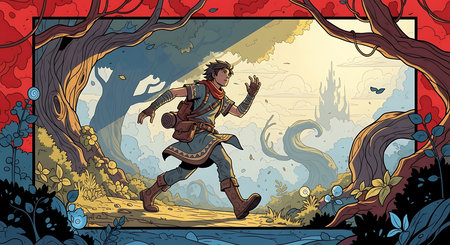 Ancient warrior running in the forest. Vector illustration for your design.の素材