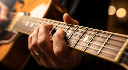 Closeup of the hands of a young man playing an acoustic guitarの素材