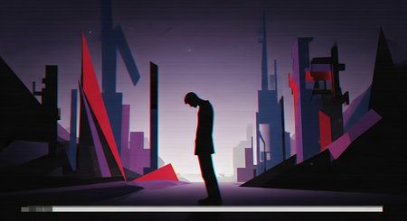 Silhouette of a man in front of the city, 3D renderingの素材