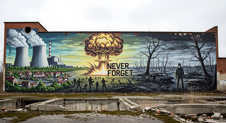 Mural with a picture of a nuclear power plant with the text Never Forgetの素材