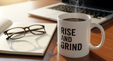 Rise And Grow text on cup of coffee with notebook,glasses and laptop on wooden desk.の素材