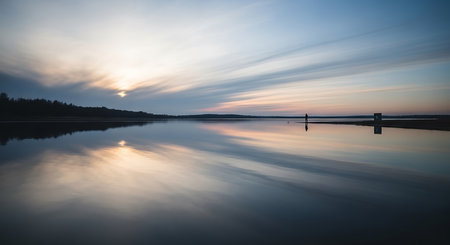 Sunset over a lake in the countryside. Long exposure photo.の素材