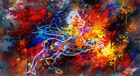 Abstract color art illustration painting. Silhouette of a woman dancing on a colorful background.の素材