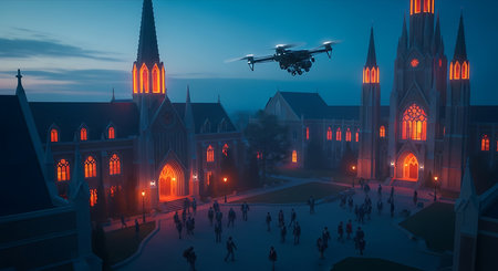 Quadcopter flying over the cathedral at night. 3d renderingの素材