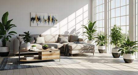 Interior of modern living room with sofa and plants 3D renderingの素材