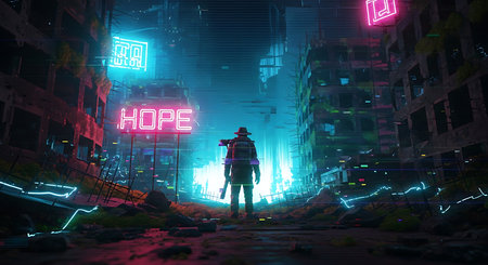 Man standing in the middle of the night city with neon signs.の素材