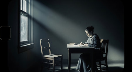 Young businesswoman sitting at table and writing in notebook. Mixed mediaの素材