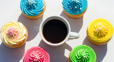 Cup of coffee and colorful cupcakes on a white background.の素材