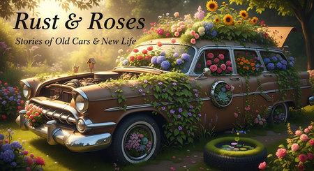 Retro car with flowers in the garden. 3D rendering.の素材