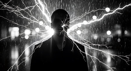 Young man in darkness against night cityscape with lightning. Mixed mediaの素材