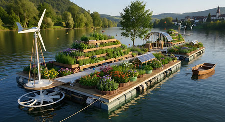 3D CG rendering of Boat on the lake with windmillsの素材