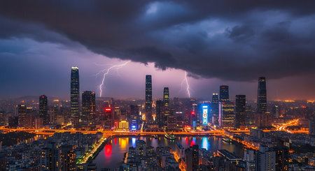 Aerial view of Shanghai skyline at night with lightning strike, China.の素材