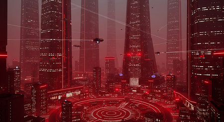Futuristic city with neon lights and skyscrapers. 3D renderingの素材