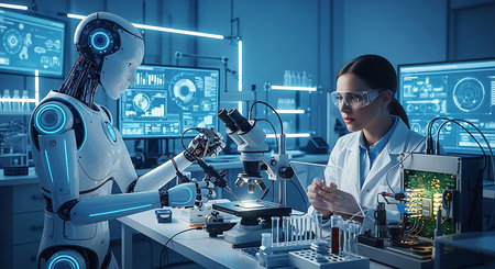 Young woman scientist working with modern robot in laboratory. 3D renderingの素材