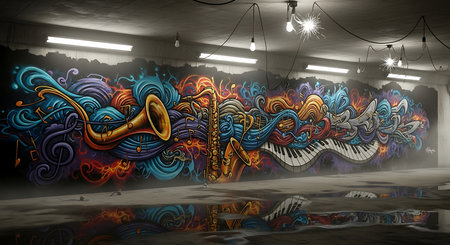 Graffiti on the wall. Music background. 3D rendering.の素材