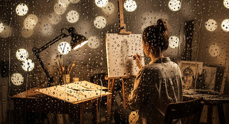 Beautiful young woman artist painting a picture in the studio on a rainy dayの素材
