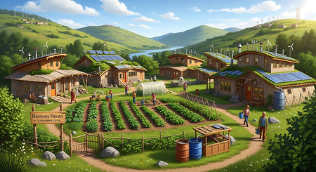 Illustration of a village in the mountains with wind turbines and solar panelsの素材