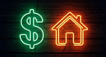 Real estate neon sign on brick wall background. Real estate business concept.の素材