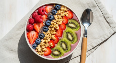 Yogurt with fresh berries and granola in bowl, top viewの素材