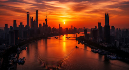 Shanghai skyline at sunset, China. Shanghai is the financial center of China.の素材