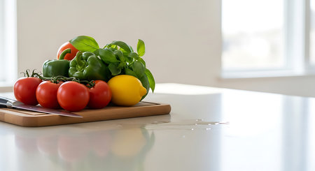 Fresh vegetables on a cutting board on a white table in the kitchenの素材