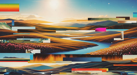 Landscape with mountains and river. 3d illustration. Nature background.の素材