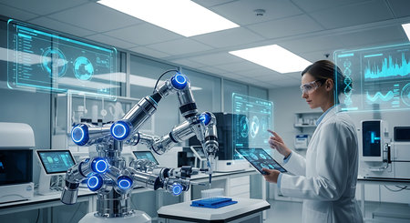 Scientist in laboratory working with virtual panel interface. 3D renderingの素材