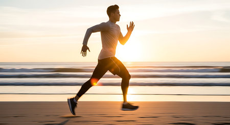 Young man running on beach at sunrise. Fitness and healthy lifestyle.の素材