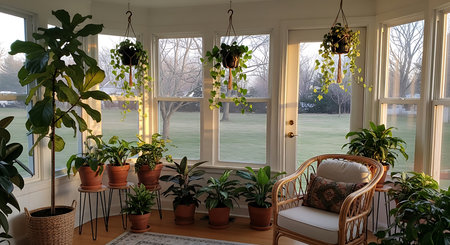 Interior view of a living room with plants on the windowsillの素材
