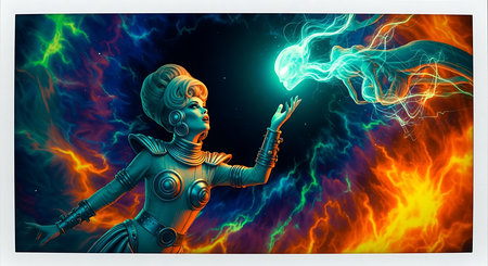 Digital composite of Digital composite image of Goddess Durga against fire backgroundの素材