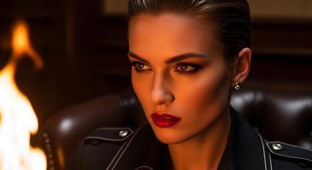 Portrait of a beautiful woman in a leather jacket sitting in a leather armchair.の素材