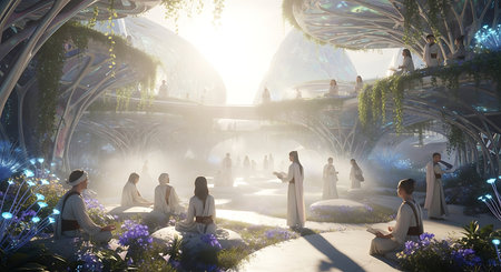 3D rendering of a group of people praying in the park.の素材