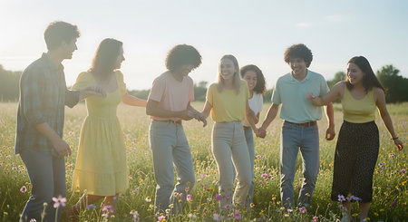 Group of friends having fun together on a meadow in the summerの素材