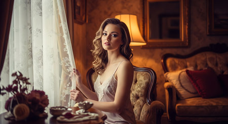 Beautiful young woman in a luxurious white dress sits at a table in a luxurious interiorの素材