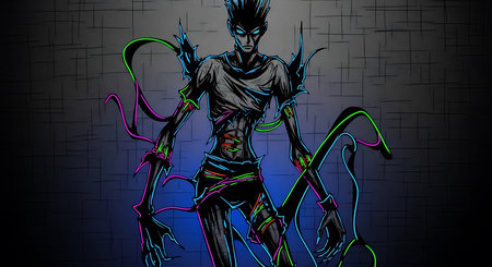 Digital Illustration of a Female Fantasy Figure in Black and Blue Backgroundの素材