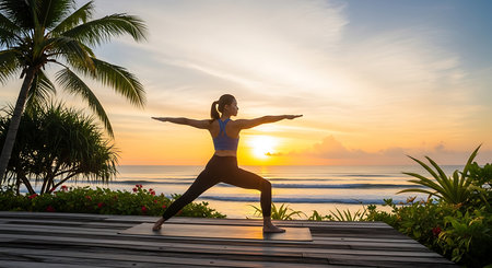 Silhouette of young woman practicing yoga at sunrise on the beachの素材
