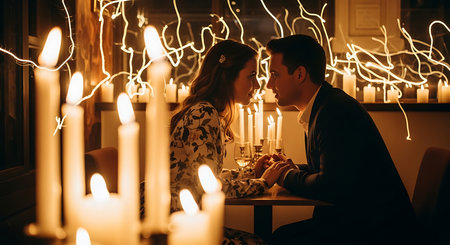 Beautiful young couple in love sitting at the table with candles in a dark roomの素材