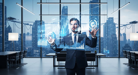 Young businessman in modern office with double exposure of digital business interface. Toned imageの素材