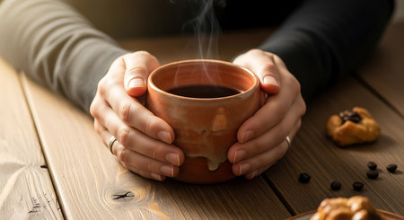 Hands holding a cup of hot coffee on a wooden table.の素材