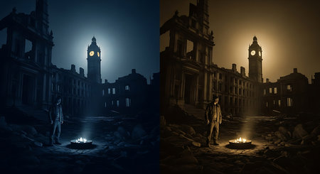 Creepy Halloween concept with zombie and old town at night.の素材