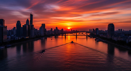 Bangkok cityscape with Chao Phraya River at sunset.の素材