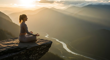 Young woman meditating in lotus position on top of mountain at sunsetの素材