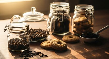 Dry tea leaves in glass jar and cookies on wooden table.の素材