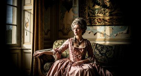 Beautiful woman in Victorian era dress sitting in an armchair.の素材
