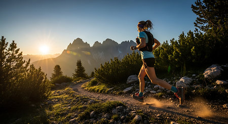 Woman running in the Dolomites mountains at sunset, Italy.の素材