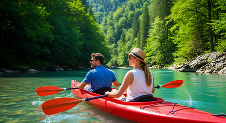 Man and woman kayaking on the river in the mountains in summerの素材