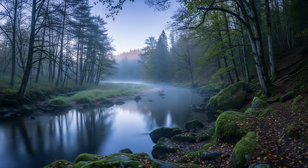Misty morning on the river in the forest. Beautiful landscape.の素材