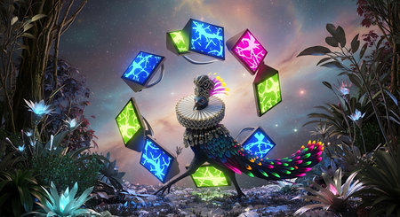 3D rendering of a fantasy dragon surrounded by many colorful neon lightsの素材