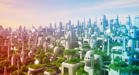 3D render of a futuristic city with skyscrapers and buildingsの素材