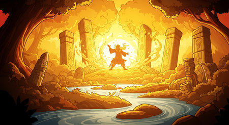 Horror scene with witch on the mountain. Vector cartoon illustration.の素材